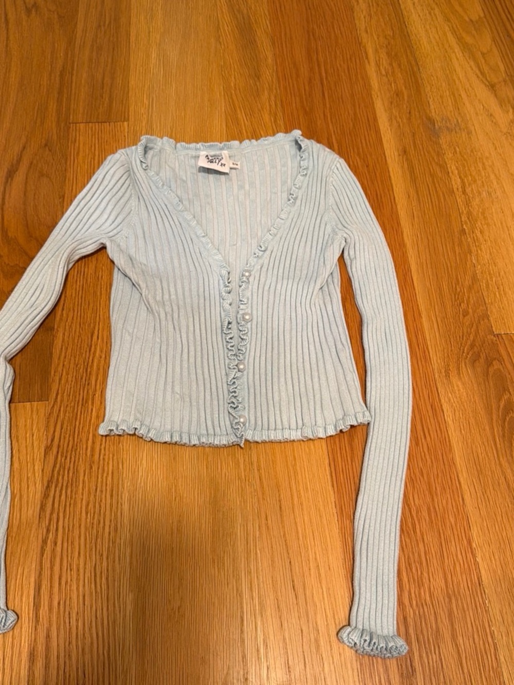 Princess Polly Light Blue Ribbed Ruffle-Trim Cardigan